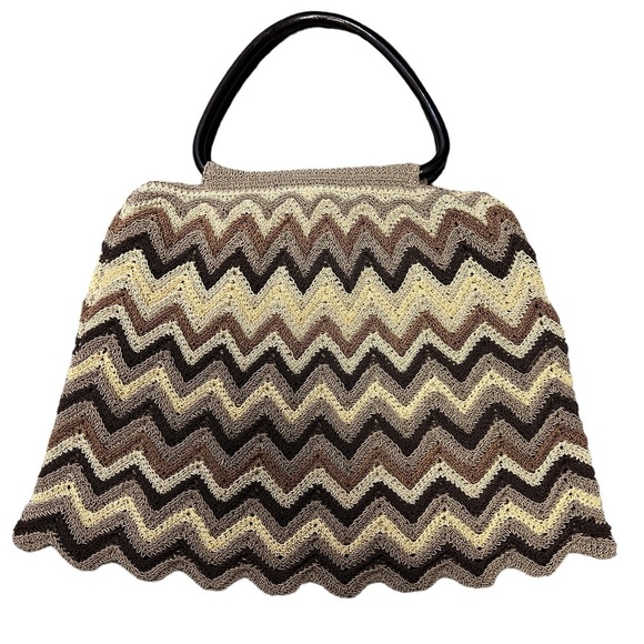 Nine West Vintage Crochet Knit Beach Chevron Wooden Top Handle Hobo Bag - Picture 12 of 14